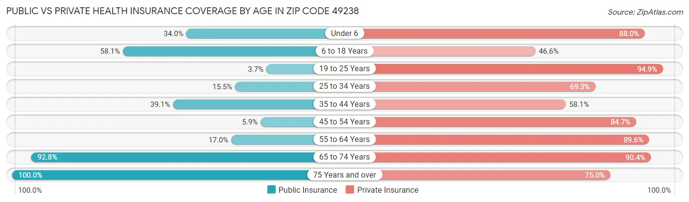 Public vs Private Health Insurance Coverage by Age in Zip Code 49238