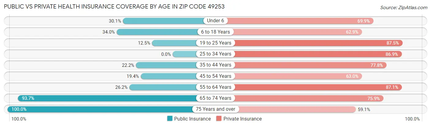 Public vs Private Health Insurance Coverage by Age in Zip Code 49253