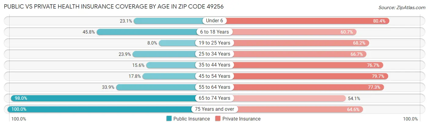 Public vs Private Health Insurance Coverage by Age in Zip Code 49256