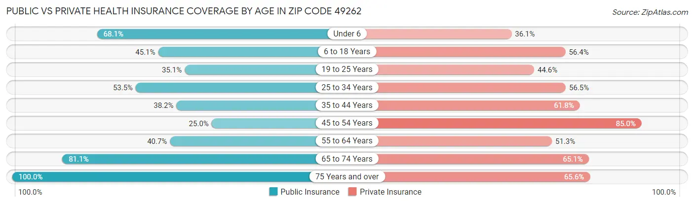 Public vs Private Health Insurance Coverage by Age in Zip Code 49262