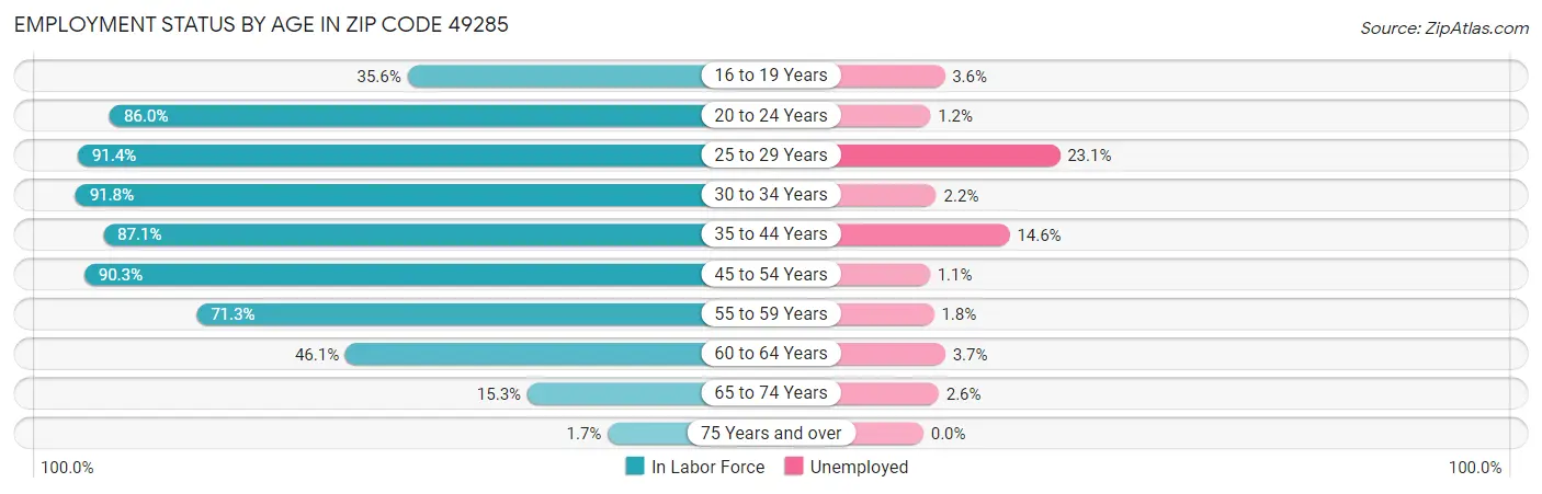 Employment Status by Age in Zip Code 49285