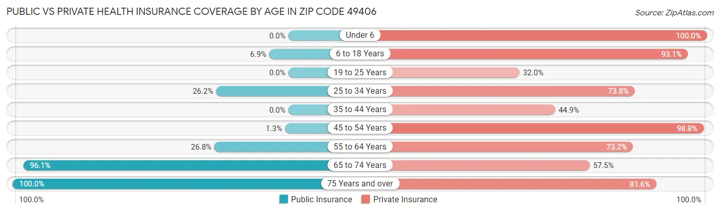 Public vs Private Health Insurance Coverage by Age in Zip Code 49406