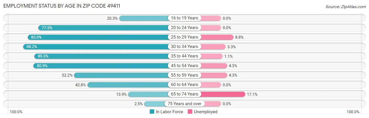 Employment Status by Age in Zip Code 49411