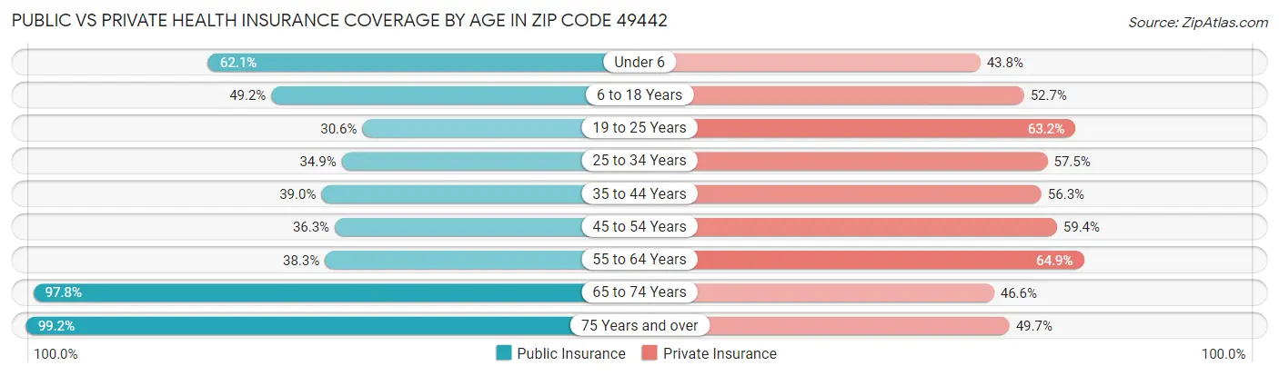 Public vs Private Health Insurance Coverage by Age in Zip Code 49442