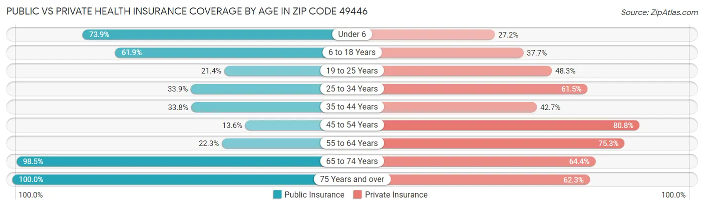 Public vs Private Health Insurance Coverage by Age in Zip Code 49446