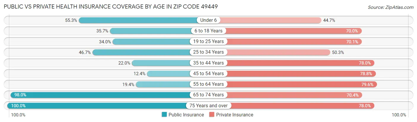 Public vs Private Health Insurance Coverage by Age in Zip Code 49449