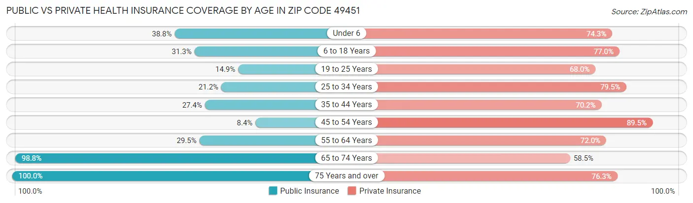 Public vs Private Health Insurance Coverage by Age in Zip Code 49451