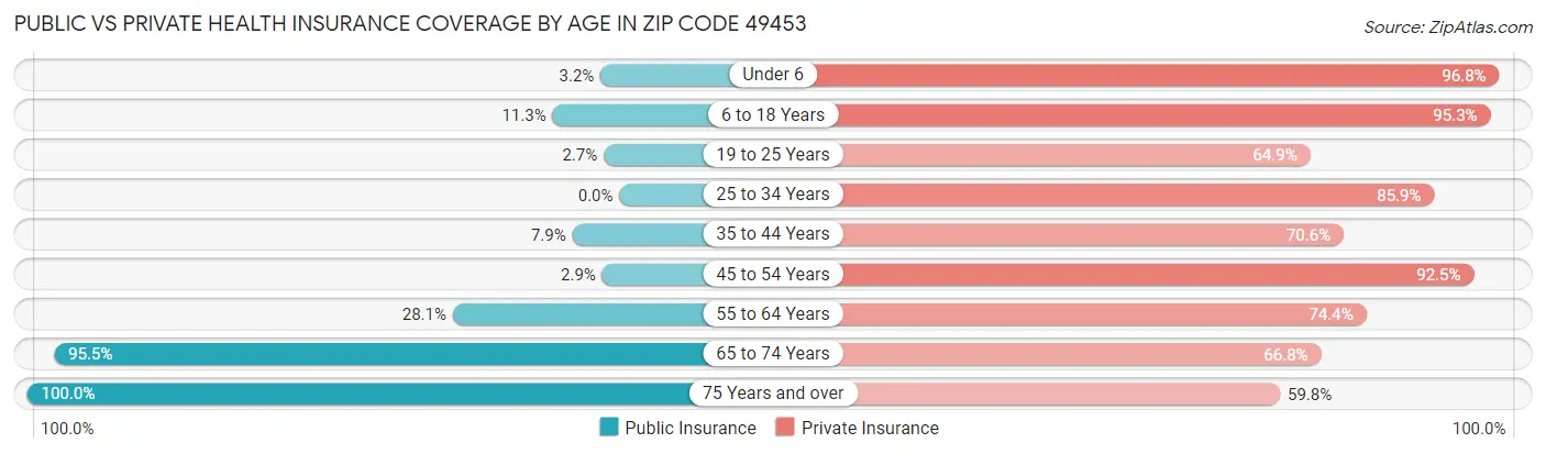 Public vs Private Health Insurance Coverage by Age in Zip Code 49453