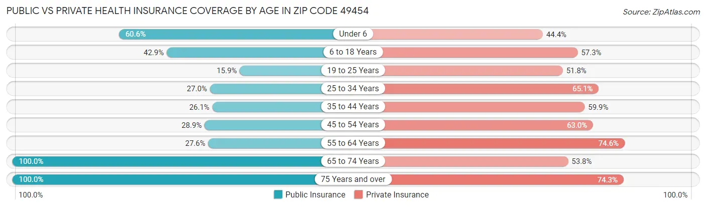 Public vs Private Health Insurance Coverage by Age in Zip Code 49454