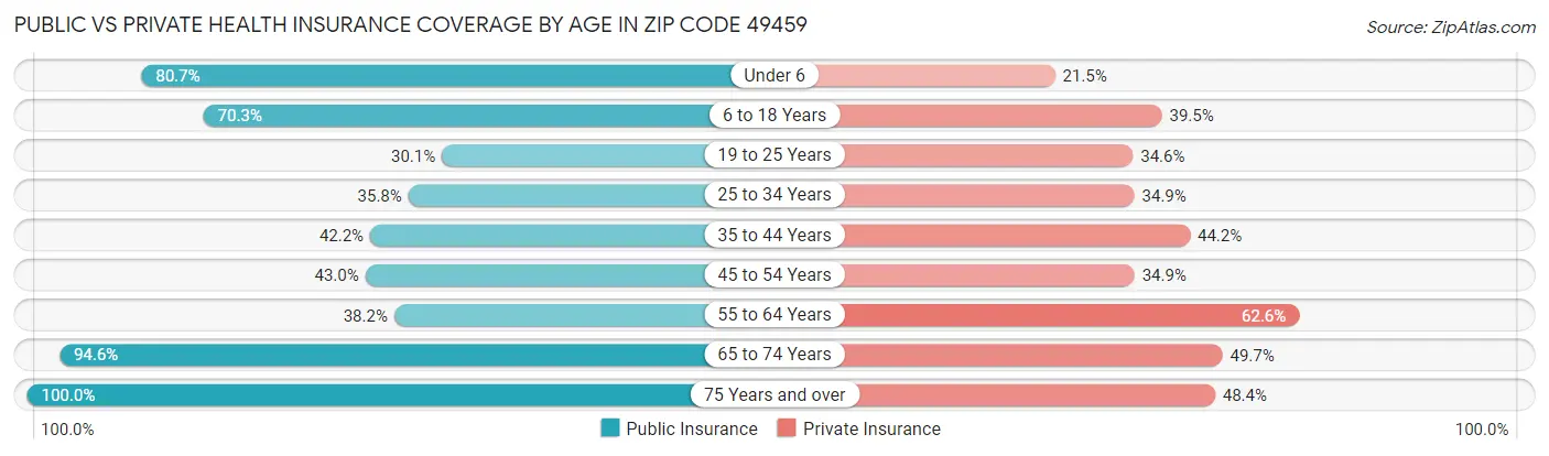 Public vs Private Health Insurance Coverage by Age in Zip Code 49459