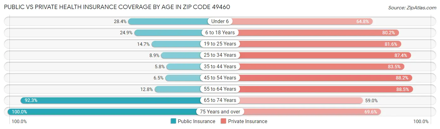 Public vs Private Health Insurance Coverage by Age in Zip Code 49460