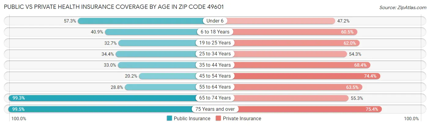 Public vs Private Health Insurance Coverage by Age in Zip Code 49601
