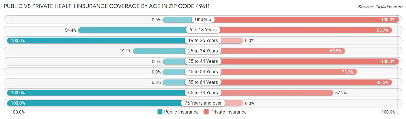 Public vs Private Health Insurance Coverage by Age in Zip Code 49611