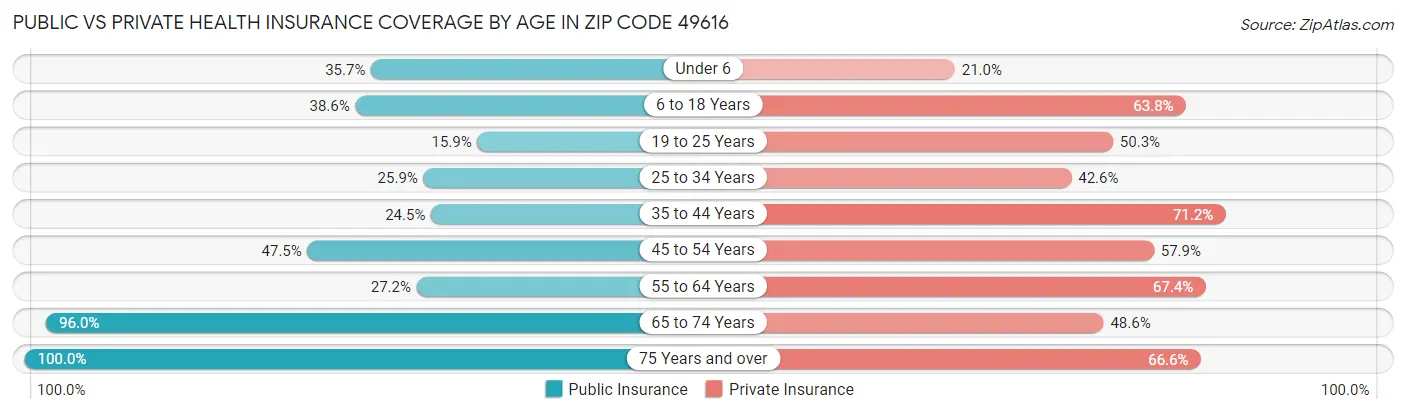 Public vs Private Health Insurance Coverage by Age in Zip Code 49616