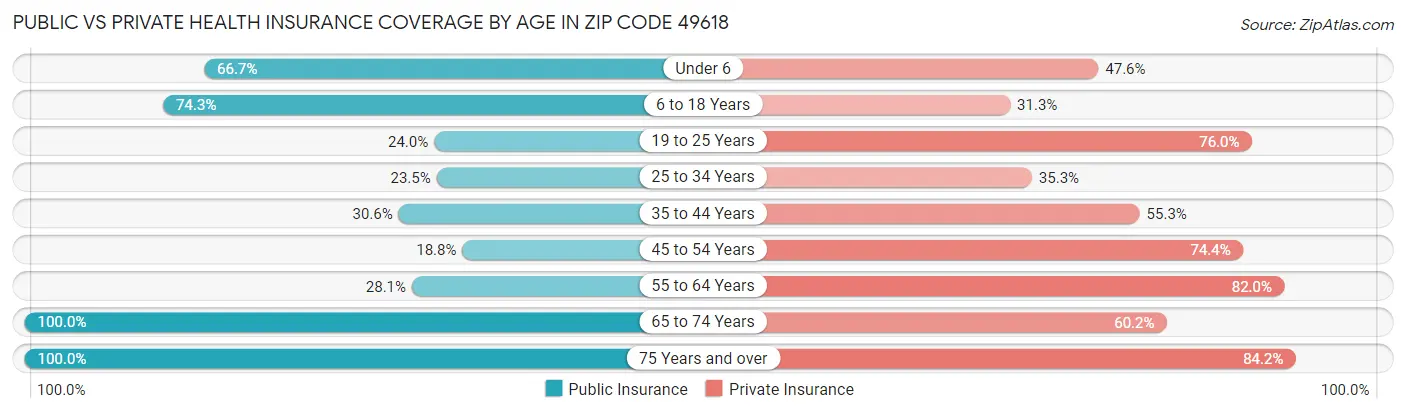 Public vs Private Health Insurance Coverage by Age in Zip Code 49618