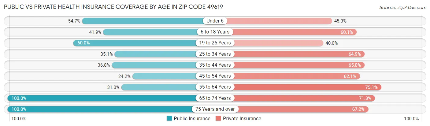 Public vs Private Health Insurance Coverage by Age in Zip Code 49619