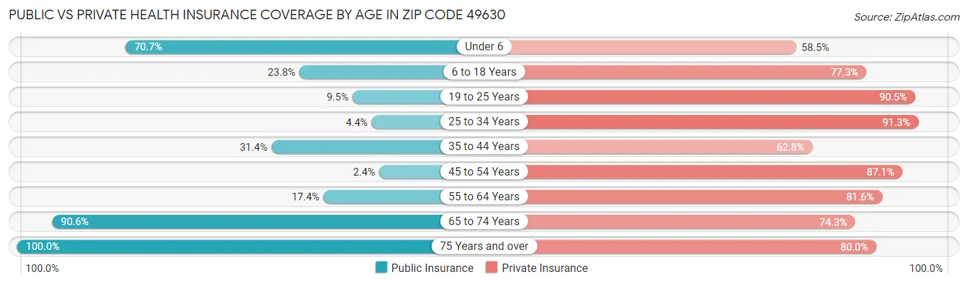 Public vs Private Health Insurance Coverage by Age in Zip Code 49630