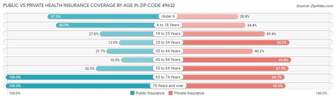 Public vs Private Health Insurance Coverage by Age in Zip Code 49632