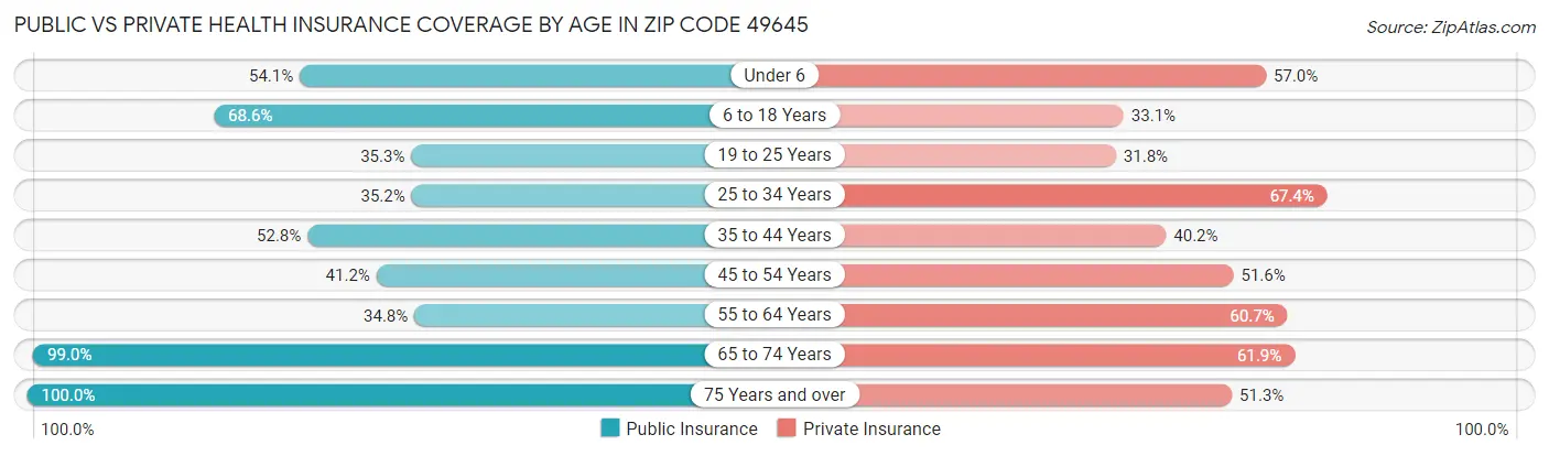 Public vs Private Health Insurance Coverage by Age in Zip Code 49645