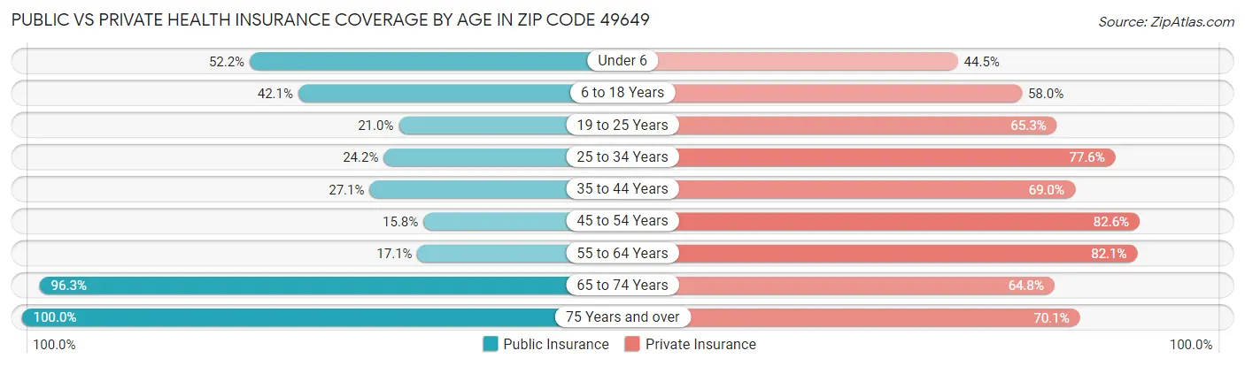 Public vs Private Health Insurance Coverage by Age in Zip Code 49649