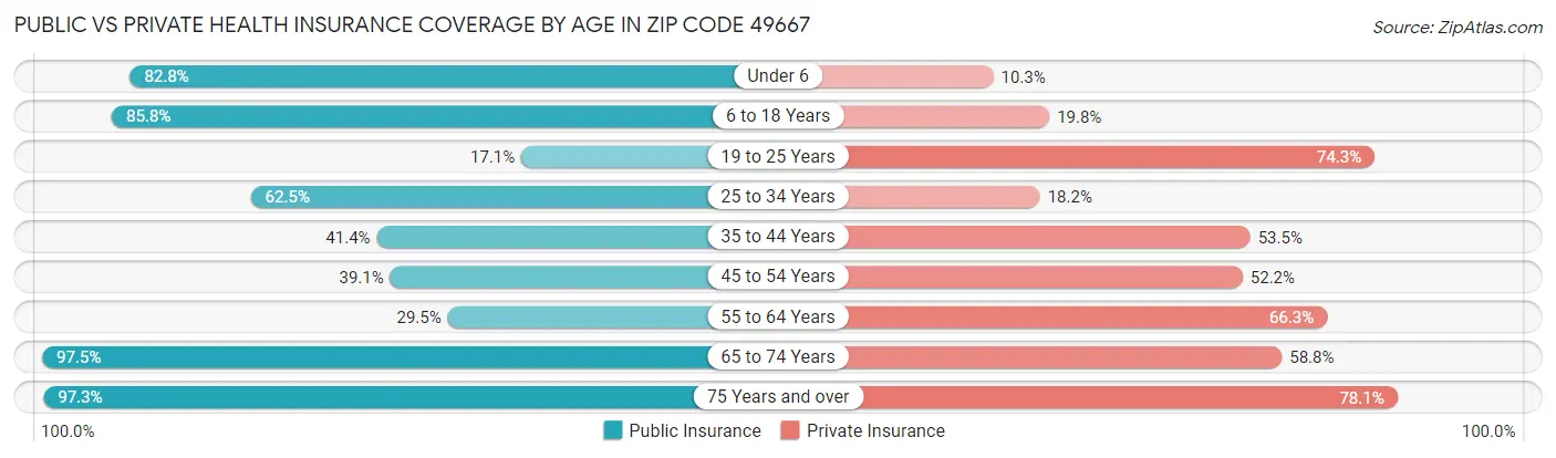 Public vs Private Health Insurance Coverage by Age in Zip Code 49667