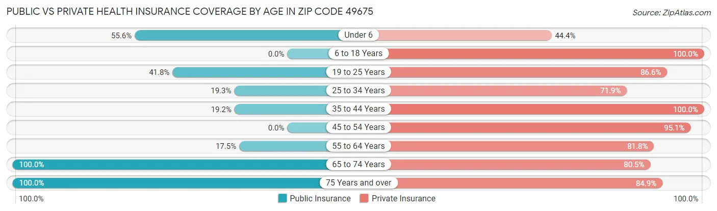 Public vs Private Health Insurance Coverage by Age in Zip Code 49675