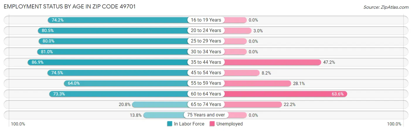 Employment Status by Age in Zip Code 49701