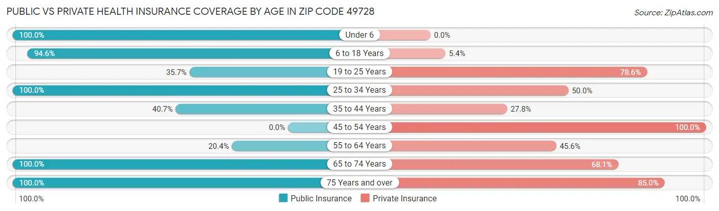 Public vs Private Health Insurance Coverage by Age in Zip Code 49728