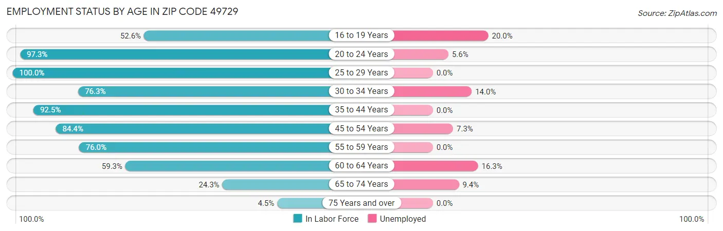 Employment Status by Age in Zip Code 49729