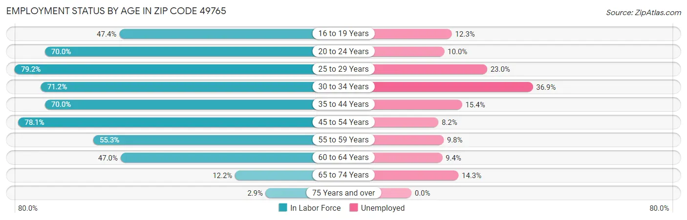 Employment Status by Age in Zip Code 49765