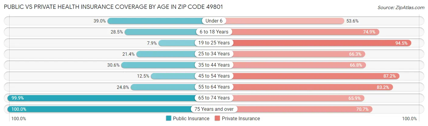 Public vs Private Health Insurance Coverage by Age in Zip Code 49801