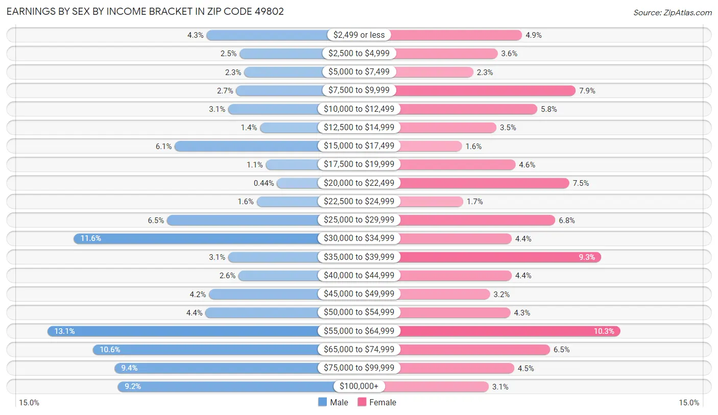 Earnings by Sex by Income Bracket in Zip Code 49802