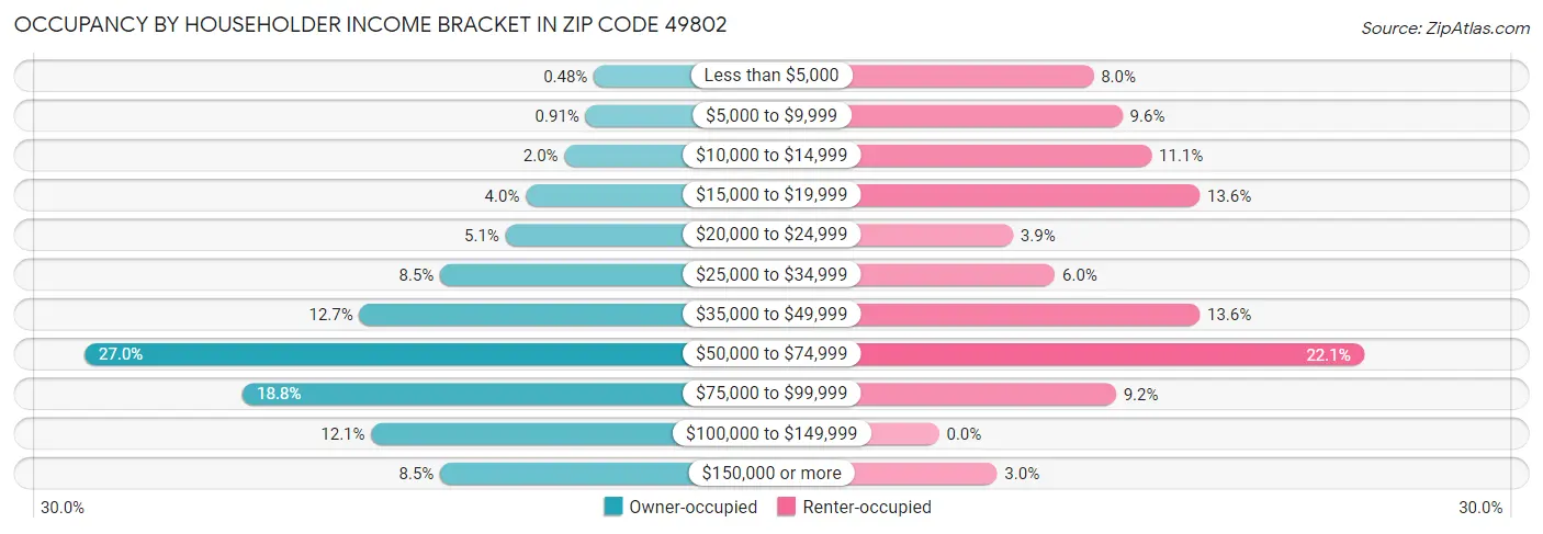 Occupancy by Householder Income Bracket in Zip Code 49802