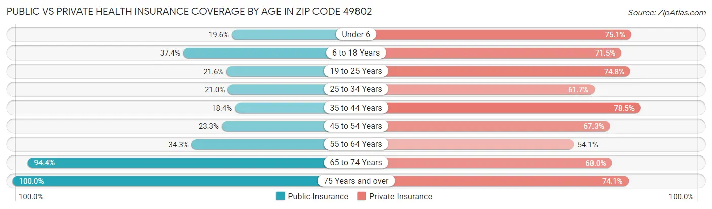 Public vs Private Health Insurance Coverage by Age in Zip Code 49802