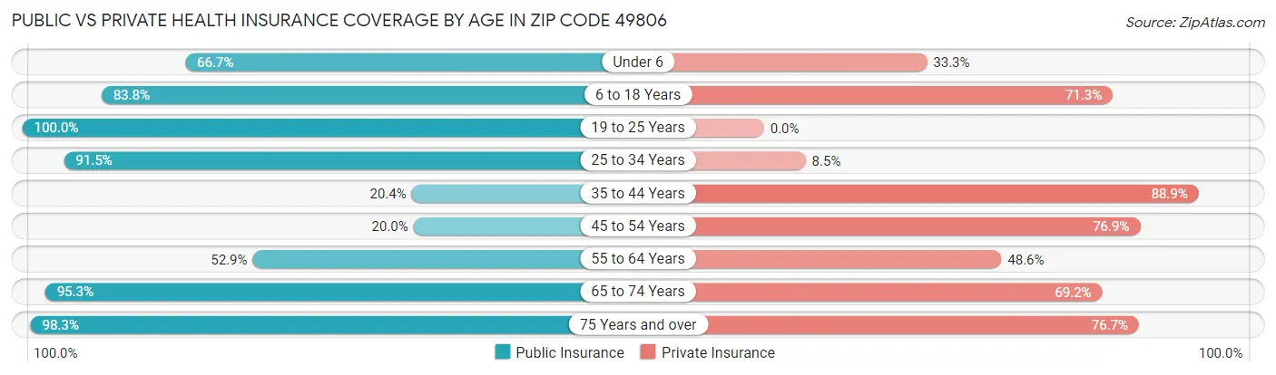 Public vs Private Health Insurance Coverage by Age in Zip Code 49806