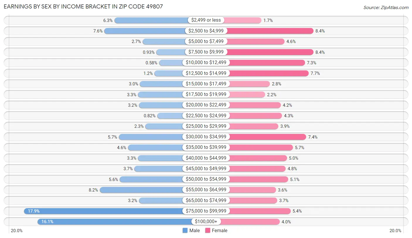 Earnings by Sex by Income Bracket in Zip Code 49807