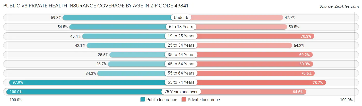 Public vs Private Health Insurance Coverage by Age in Zip Code 49841