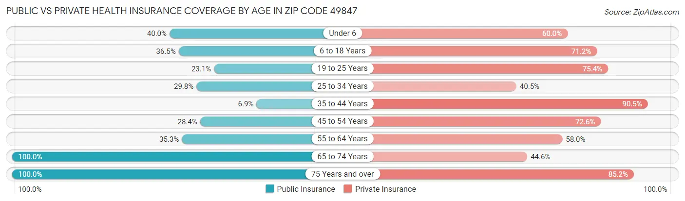 Public vs Private Health Insurance Coverage by Age in Zip Code 49847