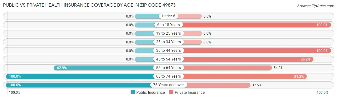 Public vs Private Health Insurance Coverage by Age in Zip Code 49873