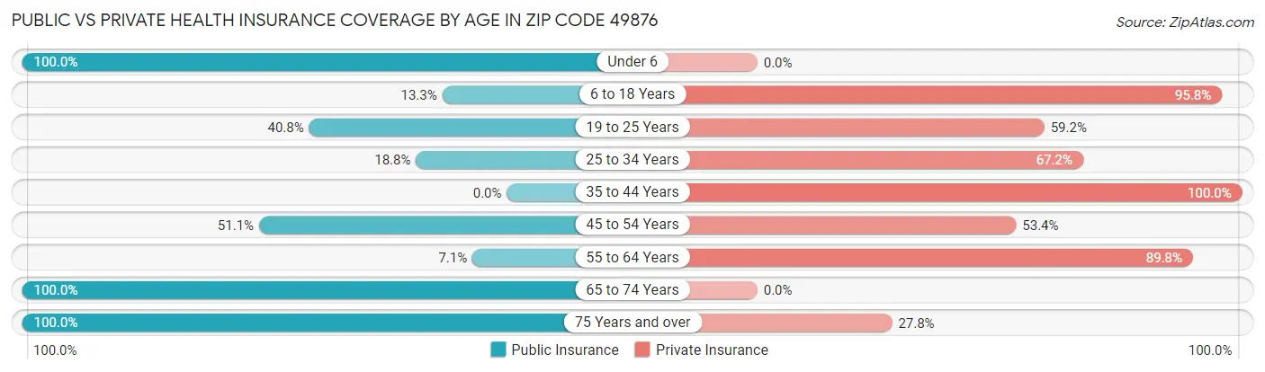 Public vs Private Health Insurance Coverage by Age in Zip Code 49876