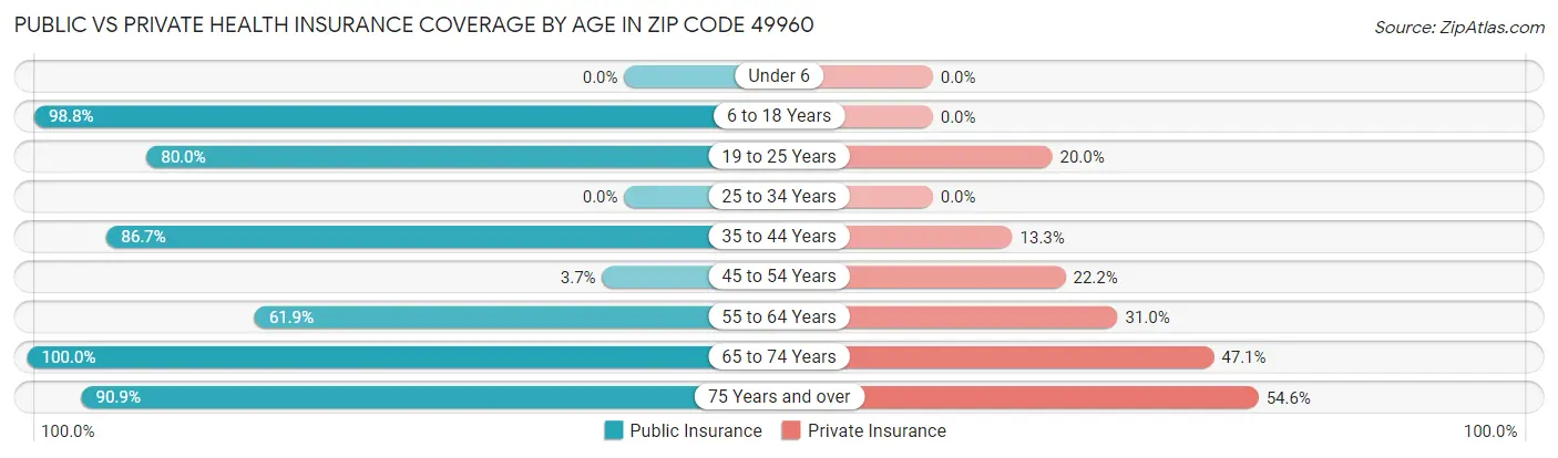Public vs Private Health Insurance Coverage by Age in Zip Code 49960