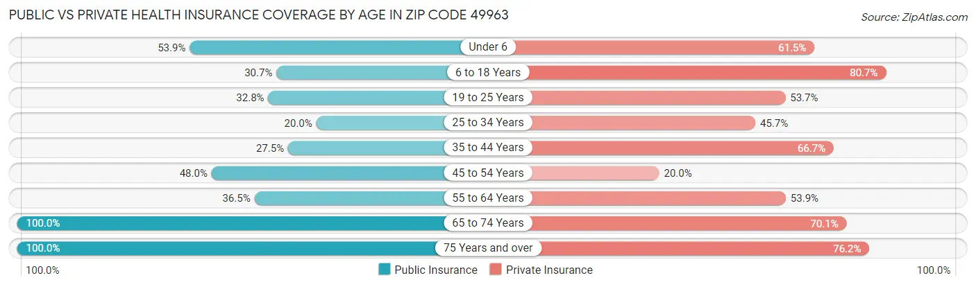 Public vs Private Health Insurance Coverage by Age in Zip Code 49963