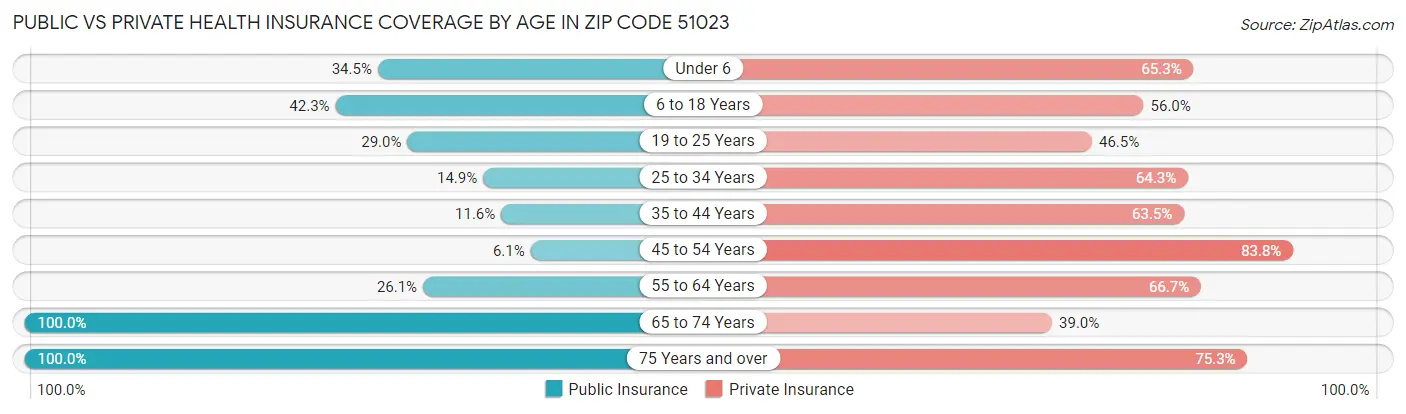 Public vs Private Health Insurance Coverage by Age in Zip Code 51023