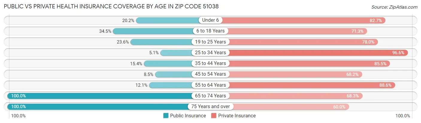 Public vs Private Health Insurance Coverage by Age in Zip Code 51038