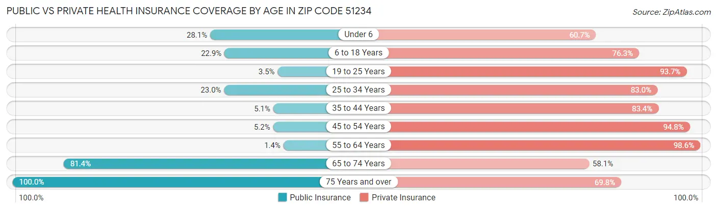 Public vs Private Health Insurance Coverage by Age in Zip Code 51234