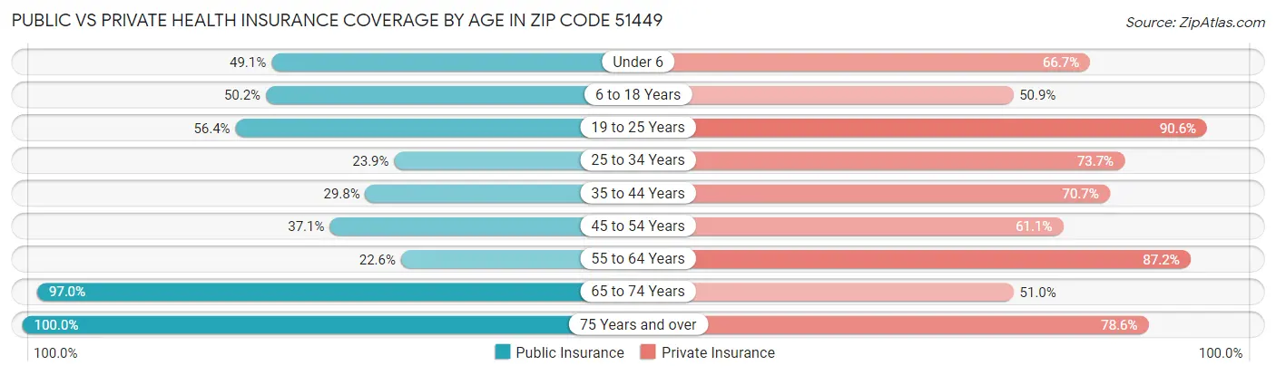 Public vs Private Health Insurance Coverage by Age in Zip Code 51449