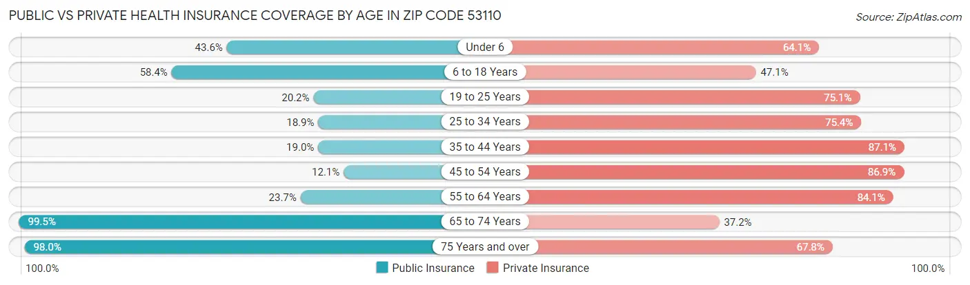 Public vs Private Health Insurance Coverage by Age in Zip Code 53110