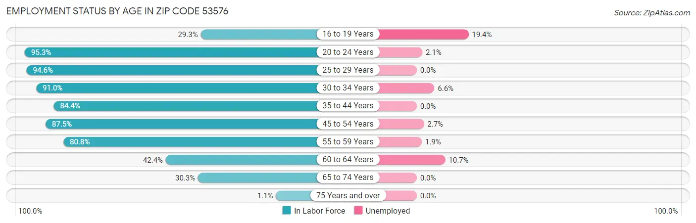 Employment Status by Age in Zip Code 53576