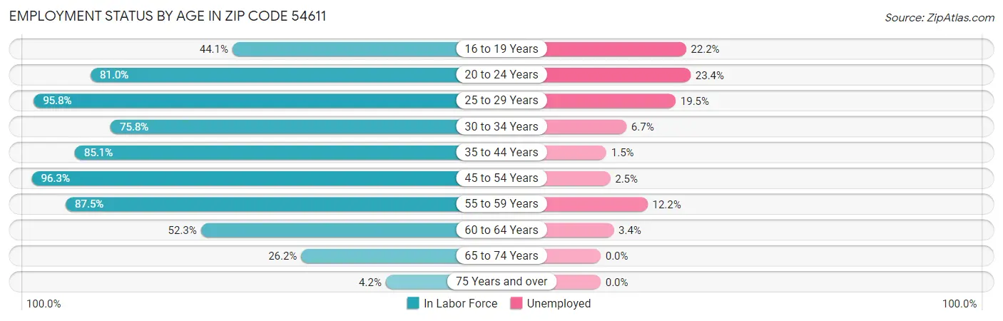 Employment Status by Age in Zip Code 54611