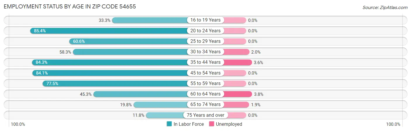 Employment Status by Age in Zip Code 54655